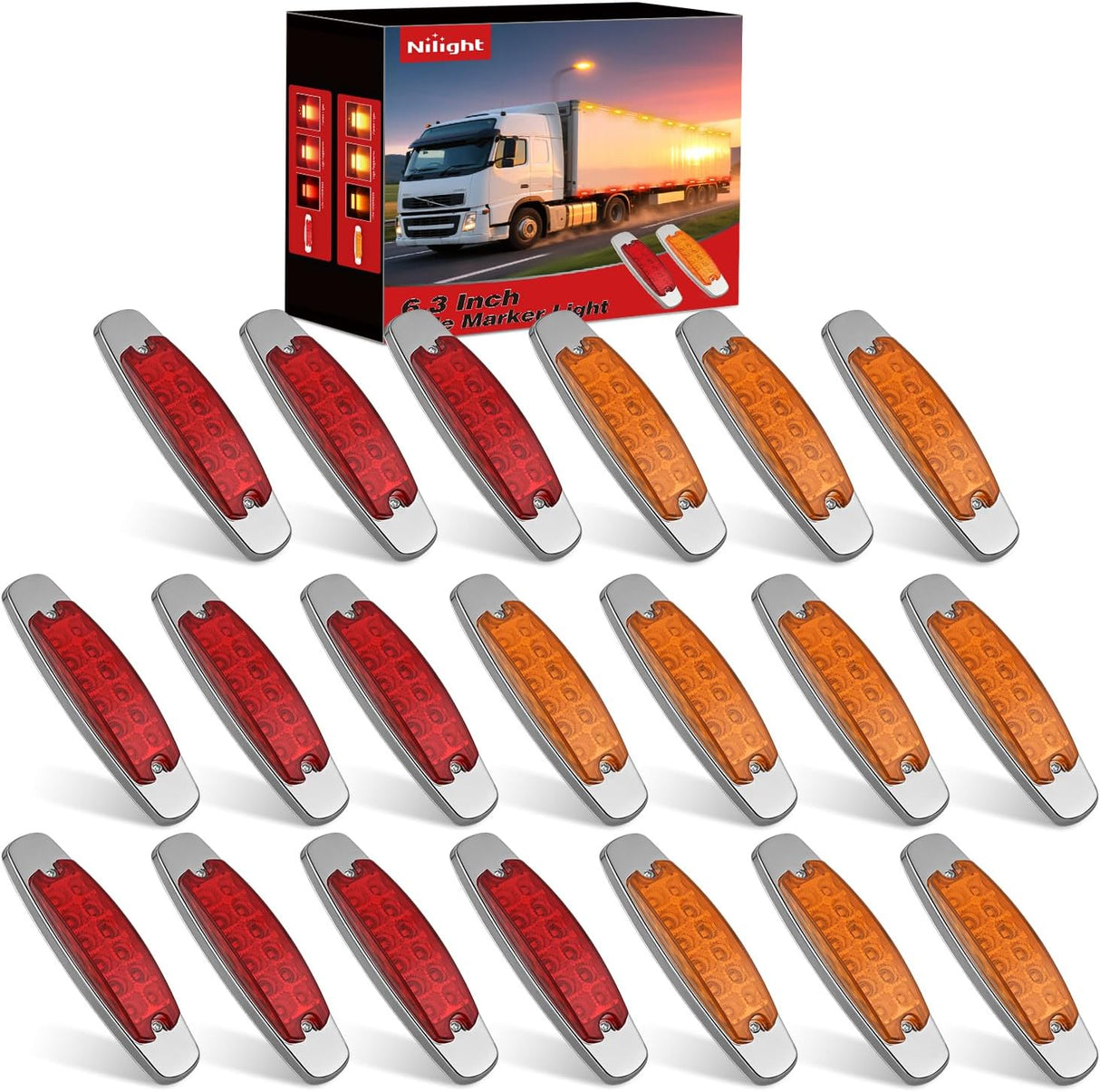 6.3 Inch Amber Red Rectangle Side Marker Light with High Low Strobe | 12 LED IP67 Waterproof Chrome Bezel 12V Surface Mount Marker & Clearance Light Fits Pickup Trucks Trailers RVs Boats,20 Pack