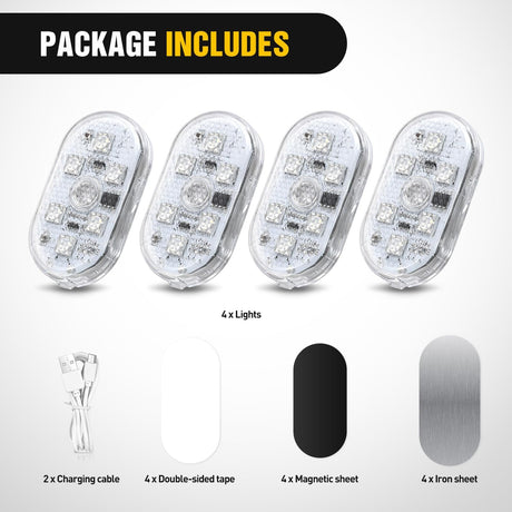 Wireless Magnetic RGB LED Interior Lights, 4 PCS 7 Colors USB Rechargeable Universal Mini Sticky Footwell Ambient Atmosphere Reading Lamp with Touch Sensor, Portable Night Lighting for Car