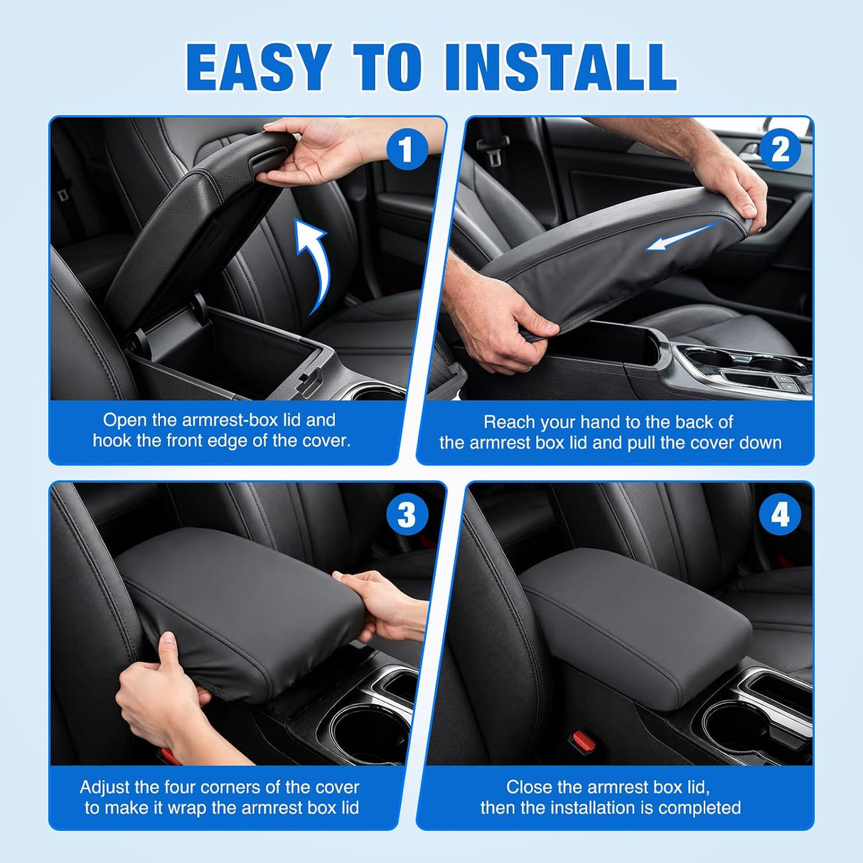 Center Console Cover for Hyundai Sonata 2015-2019 Armrest Cushion | for Sonata 2015 2016 2017 2018 2019 Nappa Leather Armrest Cover for Car Waterproof Center Console Pad Protector, Black