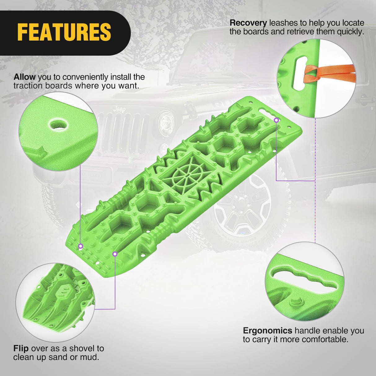 Recovery Off-road Traction Boards with Jack Lift Base Emergency Tire Ladder Mats For 4WD 4X4 Mud Sand Snow with 2PCS Mounting kit Carry Bag 2 leashes (Green)