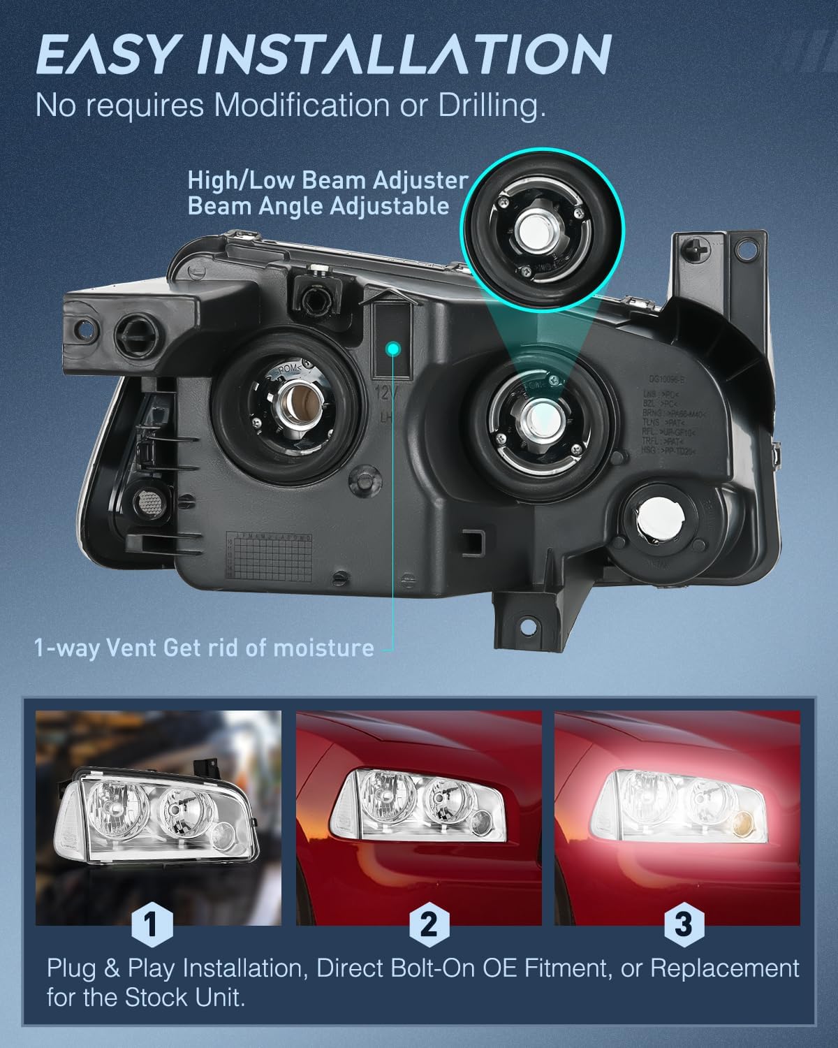 Headlight Assembly Compatible with 2006 2007 2008 2009 2010 Dodge Charger Chrome Housing Clear Reflector Lens Headlights Replacement Bumper Lamp Set Driver and Passenger Side