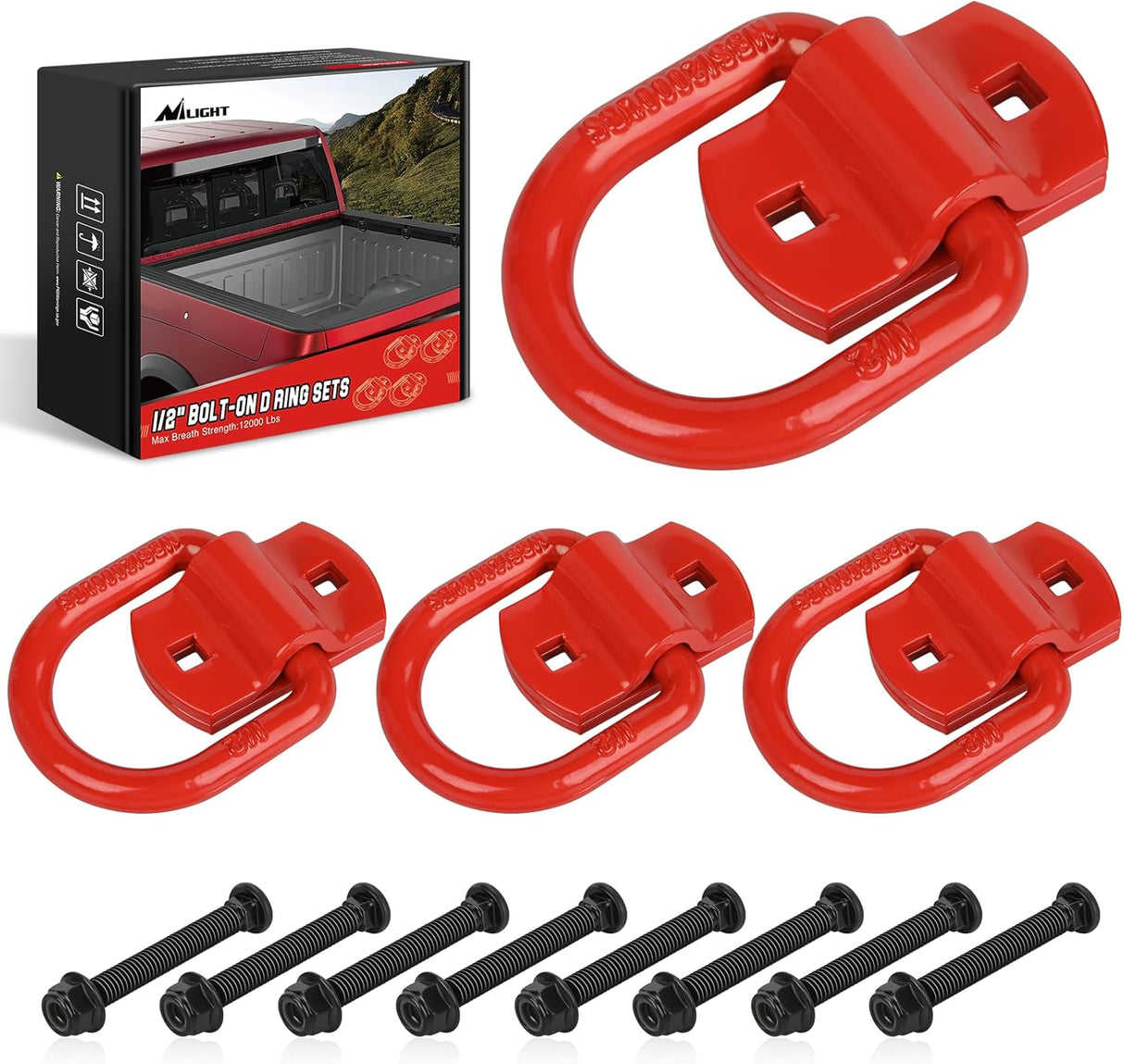 4 PCS D Ring Tie Down Anchor 1/2 Inch Heavy Duty Rings with Screws Bolts on Trailer Truck Bed Cargo 12000 Lbs Break Strength Hook Red