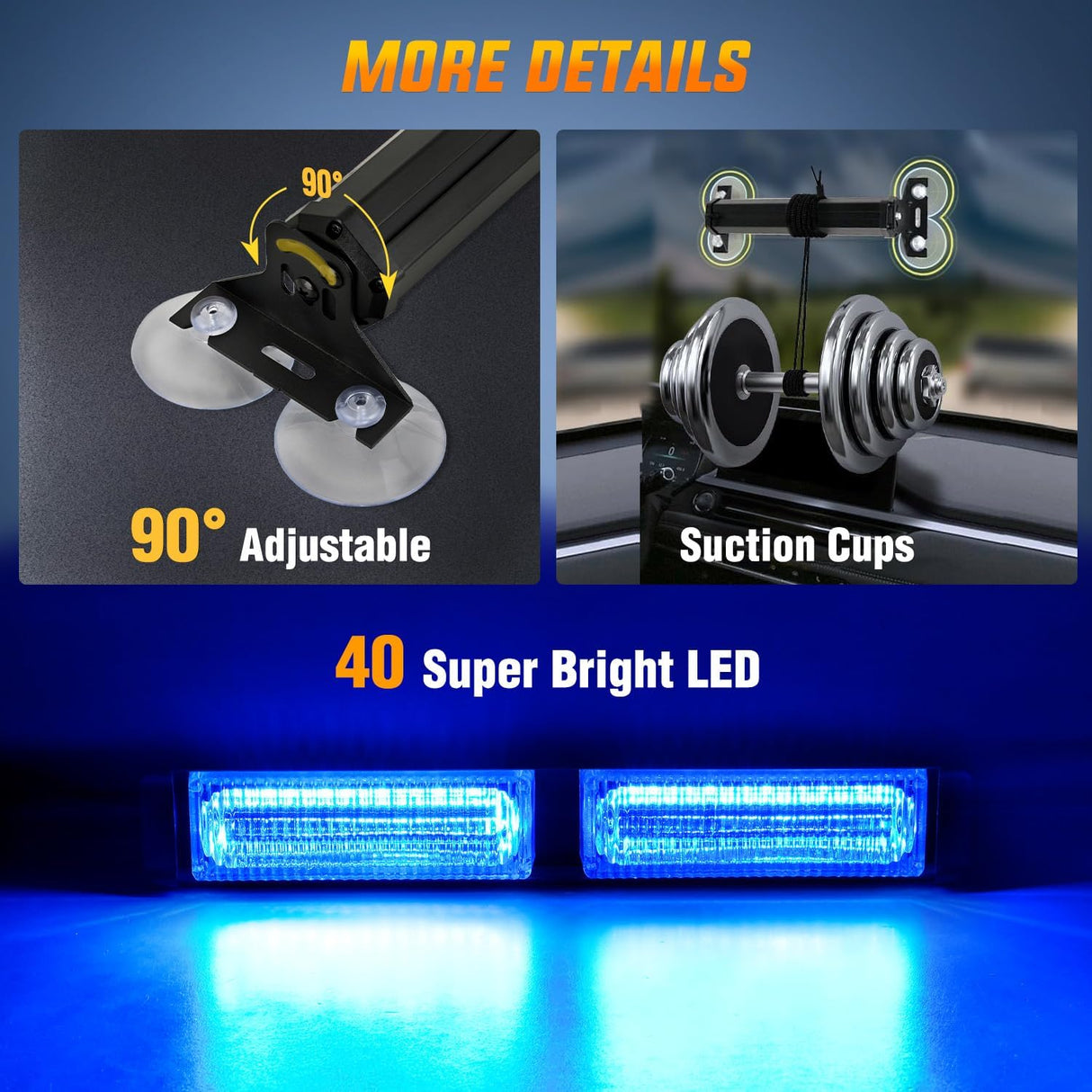 40LED Blue Emergency Strobe Traffic Advisor Light Bar with Suction Cups Dash Safety Warning Hazard Flashing Lights Interior Front/Rear Windshield for Trucks Construction Vehicles