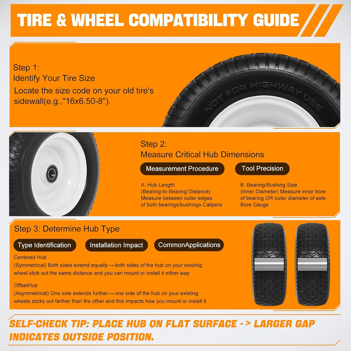 16x6.50-8 Solid Lawn Mower Tires, Flat Free Polyurethane Replacement Wheels with 1 Inch Axle Bore & 3 Inch Centered Hub, Heavy Duty Riding Mower Tire, 2 Pack