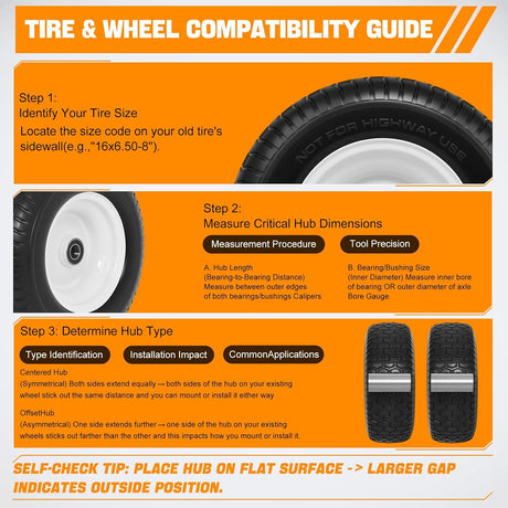 16x6.50-8 Solid Lawn Mower Tires, Flat Free Polyurethane Replacement Wheels with 1 Inch Axle Bore & 3 Inch Centered Hub, Heavy Duty Riding Mower Tire, 2 Pack
