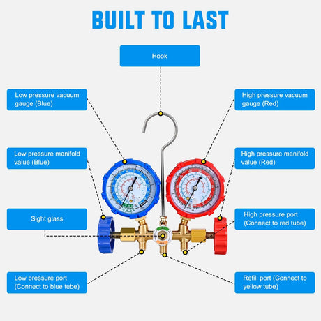 A/C Manifold Gauge Set Fits for R134a R12 R22 R502 3-Way Auto HVAC Diagnostic Gauges Refrigerant Recharge kit with Quick Couplers 5FT Hoses Universal Can Tap