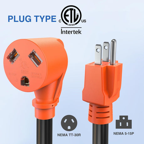 RV Power Adapter Cord with Circuit Breaker Overload Protector 15Amp to 30Amp Plug 110V Electrical 10 Gauge Wire ETL Listed 5-15P to TT-30R 15M/30F Waterproof for RVs Camper Caravan Van