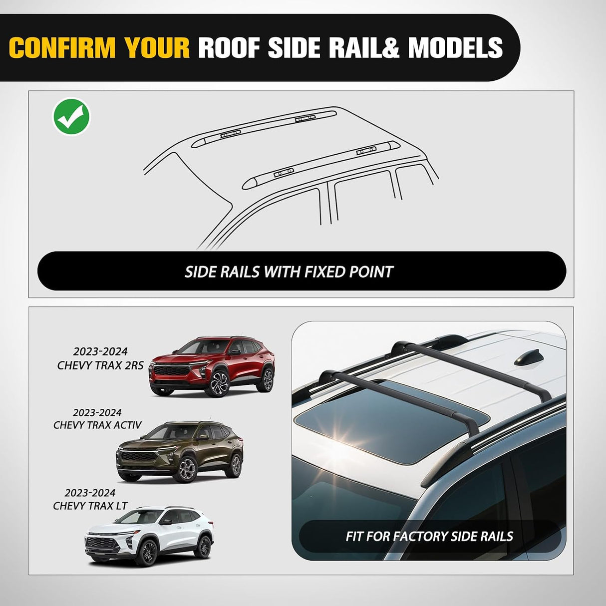 Roof Rack Cross Bars Compatible with 2023 2024 Chevrolet Chevy Trax 2RS ACTIV LT with Side Rails, Adjustable Aluminum Less Wind Noise Car Crossbars for Cargo Carrier Luggage Kayak Snowboard