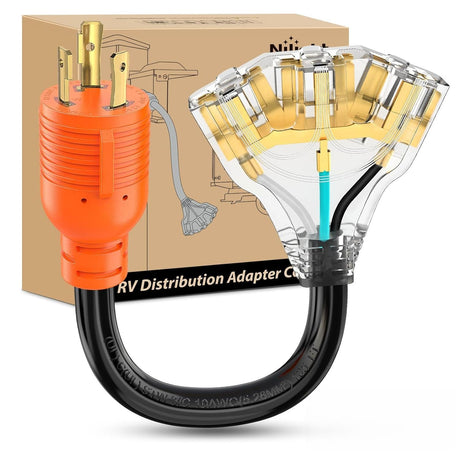 30 Amp to 110V Generator Power Adapter Cord NEMA L5-30P Male to 3X 5-15R/5-20R Female RV Distribution Adapter ETL Listed 3 Prong Twist Lock Plug for RVs Campers Generators Household Outlets