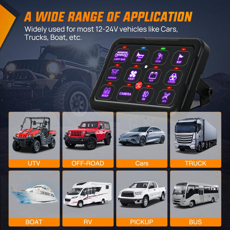 12 Gang Switch Panel 12V 24V Universal Circuit Control Relay System with RGB Backlight Fuse Relay Wiring Harness Automatic Dimmable ON Off LED Switch Pod for Car Pickup Truck Camper SUV