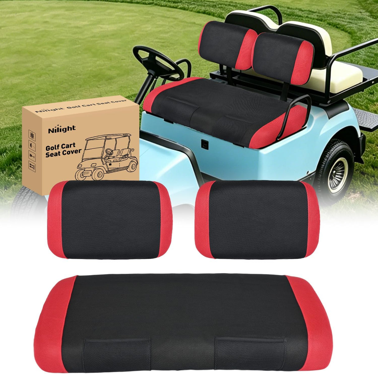 Golf Cart Front Seat Cover 1PC Red Black Club Car DS Yamaha | Breathable Sandwich Mesh Sun Scratch Resistant Washable No Staple Fits 1982-2000 Club Car DS and Yamaha G22 G19 G16 G9 G2