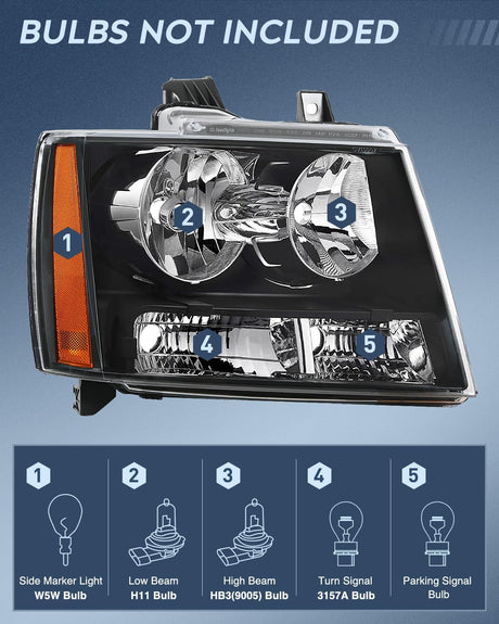 Headlight Assembly for 2007 2008 2009 2010 2011 2012 2013 2014 Chevy Avalanche Tahoe Suburban 1500 2500 Replacement Headlamp Bumper Lamp Set Black Housing Amber Reflector