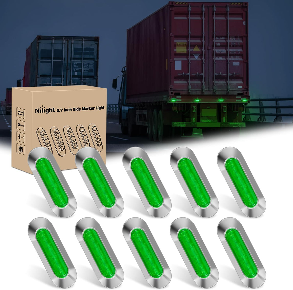 3.7 Inch Green Oval Side Marker Light, 4 LED IP68 Waterproof | Chrome Bezel DC 12-24V Surface Mount 10 Pack Marker & Clearance Light for Trucks Trailers Cars RVs Buses & Boats