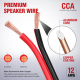 12AWG 50FT Copper Clad Aluminum Wire 12-2 Gauge Red Black CCA Electrical Cable 2 Conductor Parallel 12V 24V DC Flexible Extension Cords Nilight