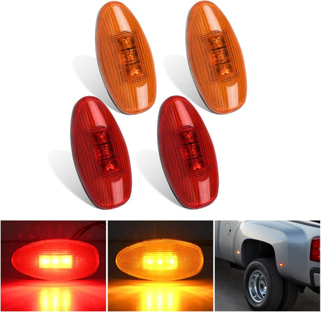 Fender Side Marker Lights 4 PCS 3 LED Red Amber Front Rear Clearance Light Compatible with 2001-2014 Chevy Silverado GMC Sierra 1500 2500HD 3500HD Dual Wheeler Trucks