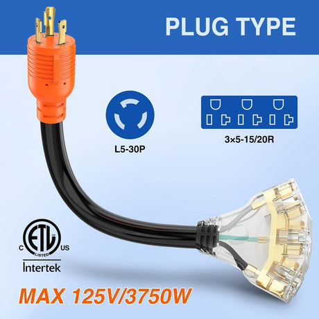 30 Amp to 110V Generator Power Adapter Cord NEMA L5-30P Male to 3X 5-15R/5-20R Female RV Distribution Adapter ETL Listed 3 Prong Twist Lock Plug for RVs Campers Generators Household Outlets