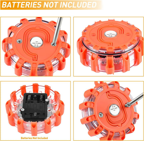 LED Road Flares Emergency Lights 6 Pack,9 Flash Models Roadside Safety Flashing Warning Light with Magnetic Base & Hook,Storage Bag(Batteries Not Included)