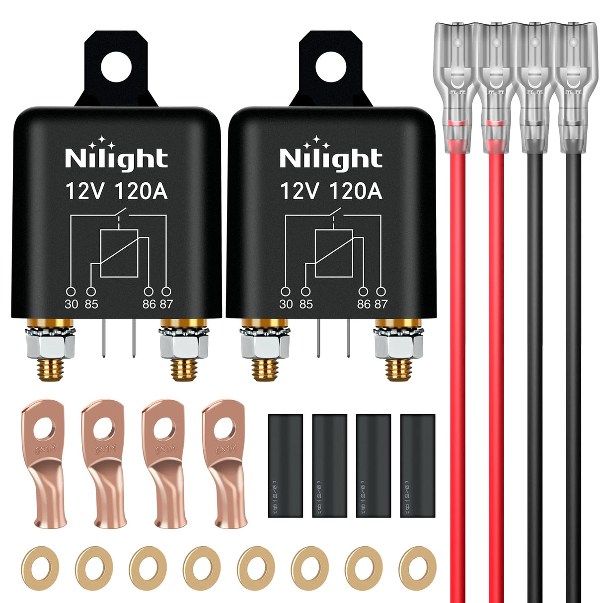 2PC 120A Starter Relay 4 Pin Split Relays Switch 12V Continuous SPST High Current 4 Terminal Car Starter Control w/Copper Wire Lugs for Automotive Car Truck Camper