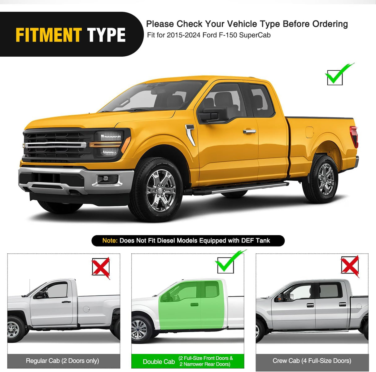 Running Boards for 2015-2025 Ford F150 Quad Cab 2 Full-Size Door & 2 Half-Size Door 6 Inch Side Step Nerf Bars Stainless Steel Silver