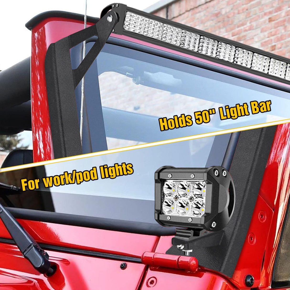 50inch Light Bar Windshield Frame Mounting Brackets for Jeep Wrangler TJ 1997-2006 No-Drill A-Pillar Light Mount for Pod Lights, Heavy Duty Steel Off-Road LED Light Bar Dual Mount