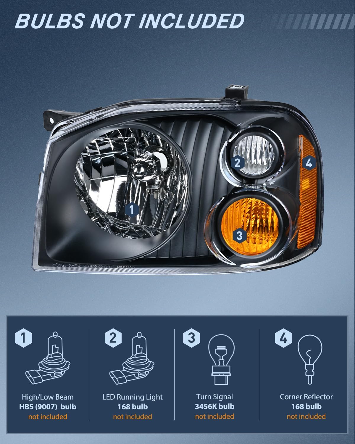 Headlight Assembly Compatible with 2001 2002 2003 2004 Nissan Frontier XE OE Style Replacement Halogen Headlights Black Housing Amber Reflector Headlamp Passenger and Driver