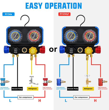 A/C Manifold Gauge Set Fits for R1234yf R134a R404A 4-Way Auto HVAC Diagnostic Gauges Refrigerant Recharge kit with Adjustable Couplers 5FT Hoses R1234yf Universal Can Tap