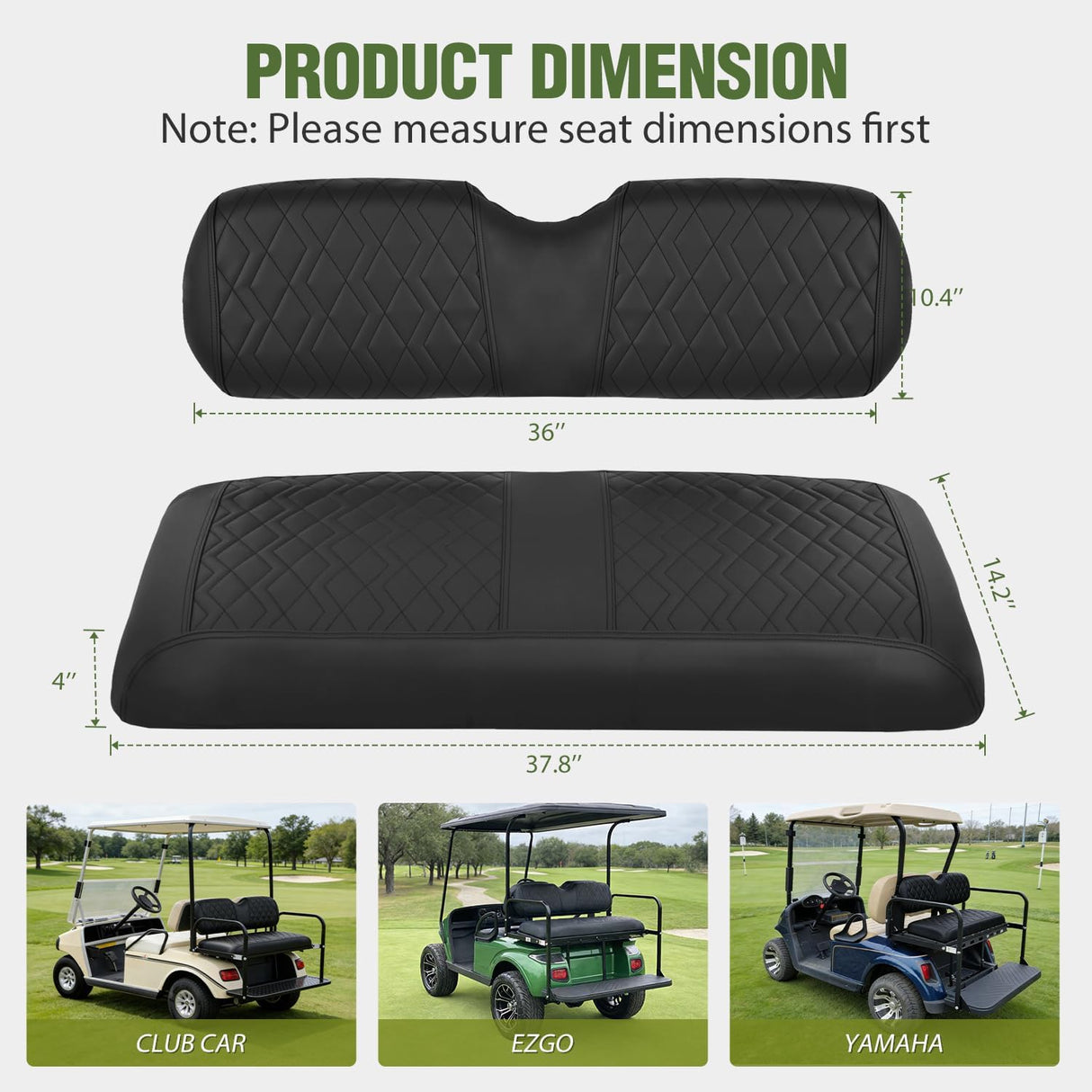 Golf Cart Rear Seat Cover 1PC Black Leather Club Car EZGO Yamaha | Thick PVC Leather Diamond Design Breathable Water Repellent Scratch Resistant Fits Club Car EZGO Yamaha Aftermarket Seats