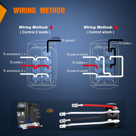 Down Up Polarity Reverse Blue LED Switch DPDT 20A 12V 24V 7PIN Momentary Rocker ON Off ON Toggle with Jumper Wires and Adaptor for Control Motor for Hoist Crane Linear Actuator