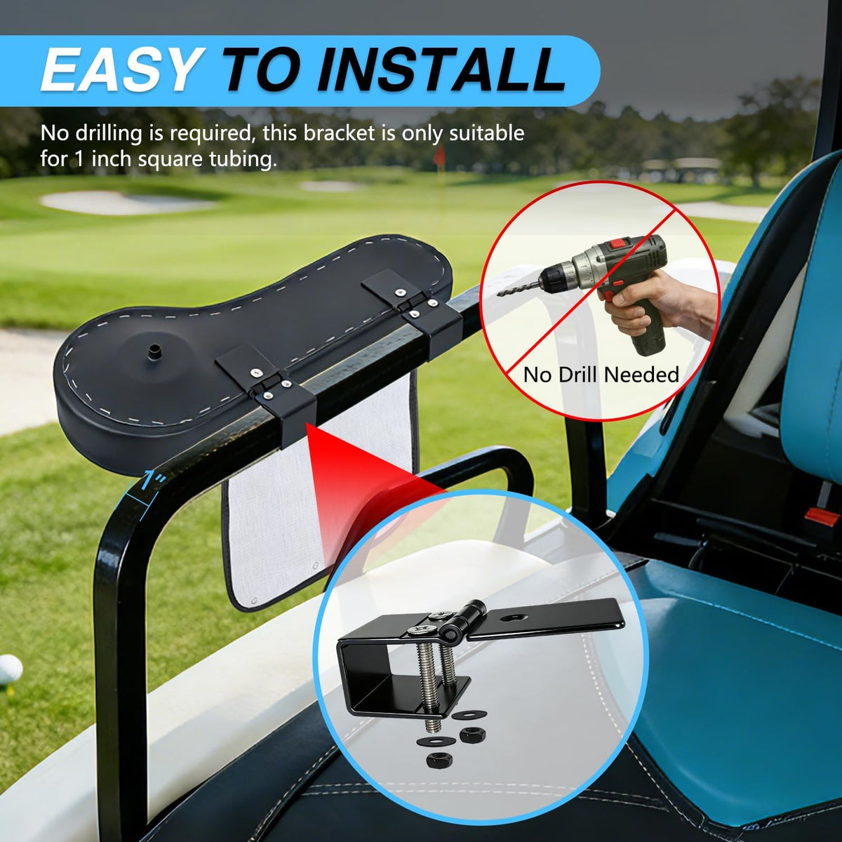 Golf Cart Armrests 2PCS Black Diamond Flip Stand Storage | No Drilling Cup Holder Detachable PU Leather Armrest Fits 1 Inch Square Tubes for EZGO Club Car Yamaha Rear Seat
