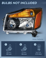 Headlight Assembly Headlight Assembly Black Case Amber Reflector 2004-2015 Titan 2005-2007 Armada 2004 Pathfinder Armada (Pair)