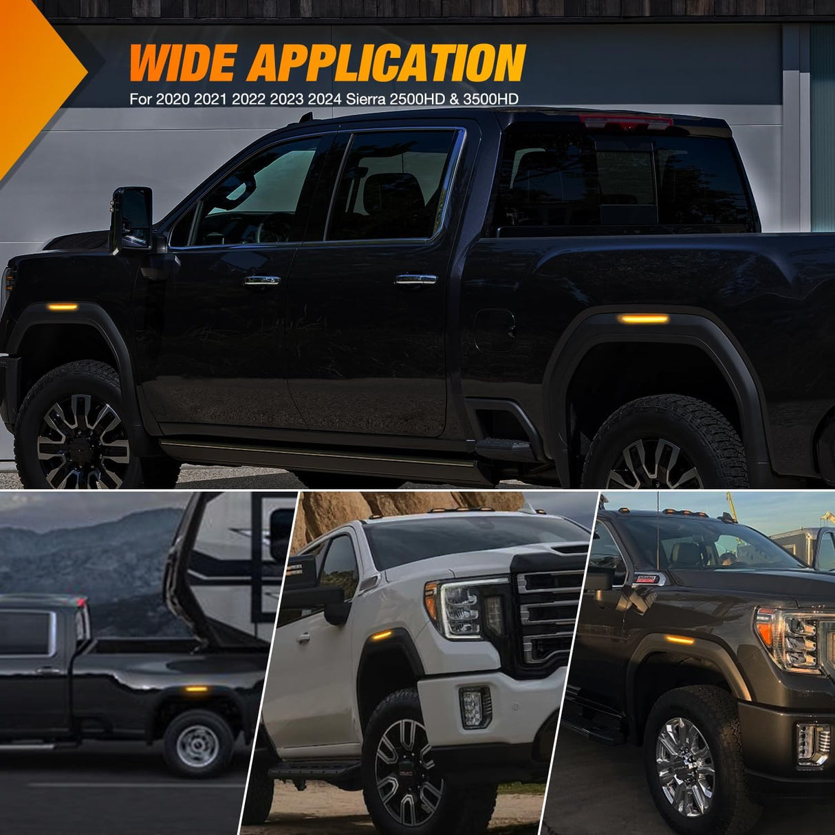 Fender Side Marker Lights 4 PCS 54 LED Smoke Lens Amber Front Rear Clearance Light Compatible with 2020 2021 2022 2023 2024 Sierra 2500HD 3500HD Pickup Truck