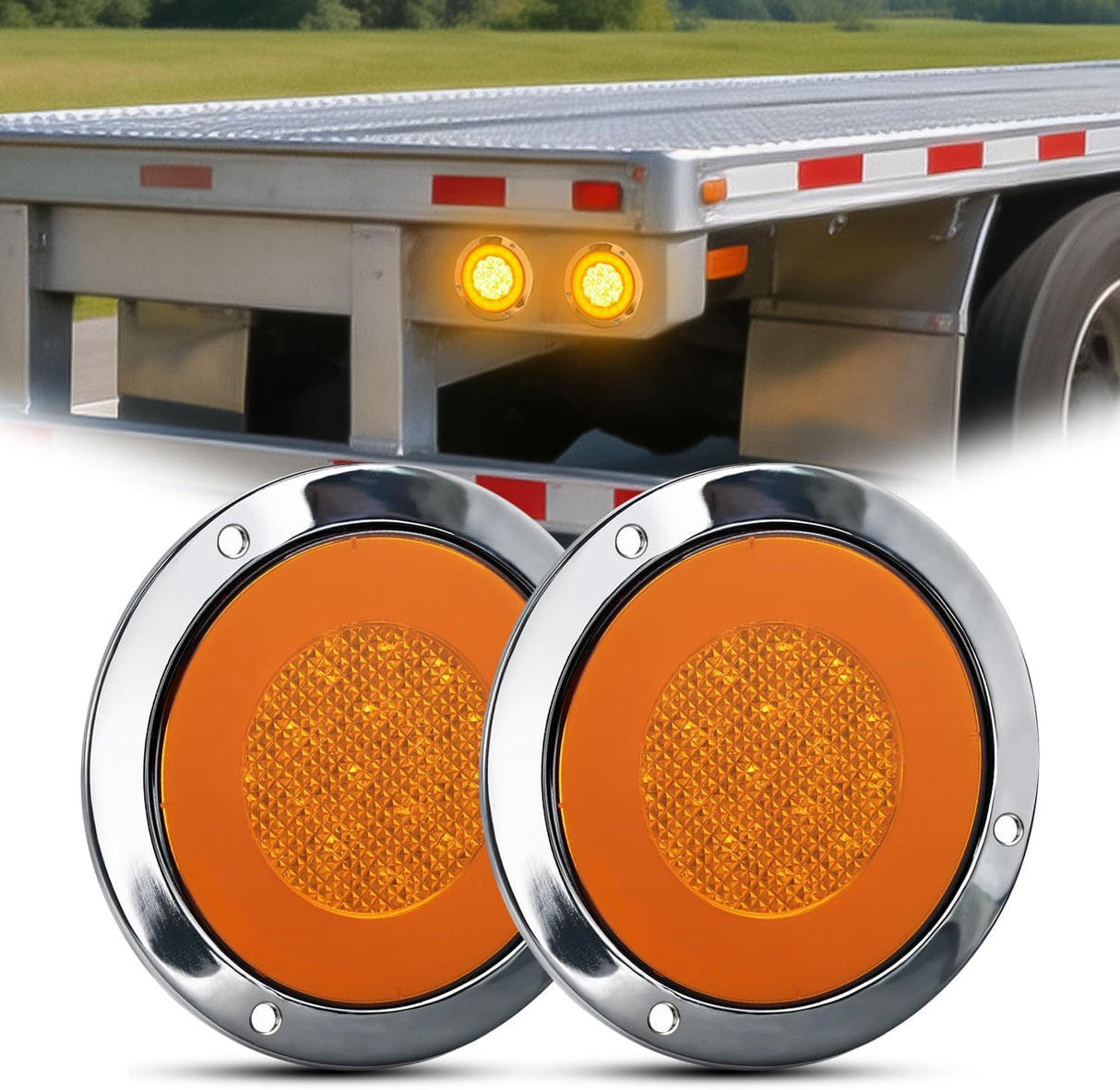 Trailer Tail Lights 2PCS 4Inch Round 32LED Amber Halo Chrome | Plated Frame Grommet Mount IP67 Waterproof Marker Clearance Turn Signal Running Taillights for Trailer Truck Pickup Camper RV