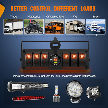 6 Gang Rocker Switch Box 12V SPST ON Off Toggle Switches PD Type C and QC 3.0 USB Sockcet Voltmeter LED Light Waterproof Aluminum Mount Bracket Panel DIY Stickers for Boat Car RV Truck
