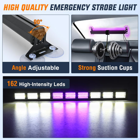 162 LED Traffic Advisor Strobe Light Bar 2-in-1 Purple White Emergency Warning Hazard Lights with Controller 4 Switchable Color 36 Flash Pattern for Trucks Cars Tow Plow Construction Vehicles
