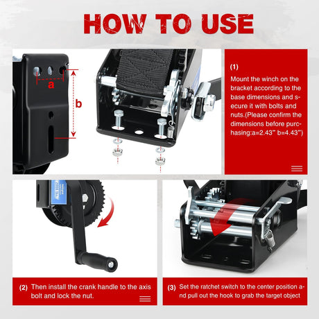 Boat Trailer Winch 3500 Lbs Hand Crank Winch Heavy Duty Boat Winches with 33Ft Strap Rope Hook Two Way Ratchet 4:1 8:1 Gear Portable Marine Manual Winch for Trailers Boat RV ATV Jet Ski Towing