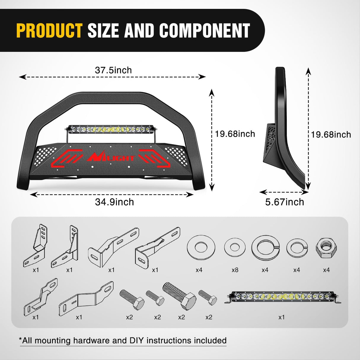 Bull Bar with Light Bar&License Plate Hole Compatible with Toyota 4Runner 2010-2024 Truck Brush Guard, Front Bumper Push Bar w/Grille Skid Plate Light Mount