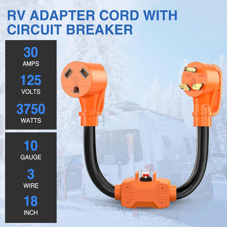 RV Power Adapter Cord with Circuit Breaker Overload Protector 30 Amp to 30Amp Dogbone Electrical Plug 10 Gauge Wire ETL Listed TT-30P to TT-30R 30M/30F Weatherproof for RV Camper Caravan Van
