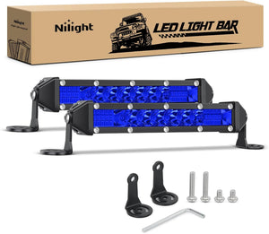 Slim LED Light Bar 2Pcs 7 Inch 16LED Single Row Spot Flood Combo Blue Off Road Driving Fog Fishing Hunting Emergency Safety Signal Lighting for 12V 24V ATV UTV Pickup Truck Tractor Boat
