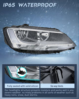 Headlight Assembly Compatible with 2011-2018 Volkswagen Jetta MK6 | 2011-018 Volkswagen Jetta MK6 OE Style Replacement Chrome Housing Clear Reflector Halogen Headlamps