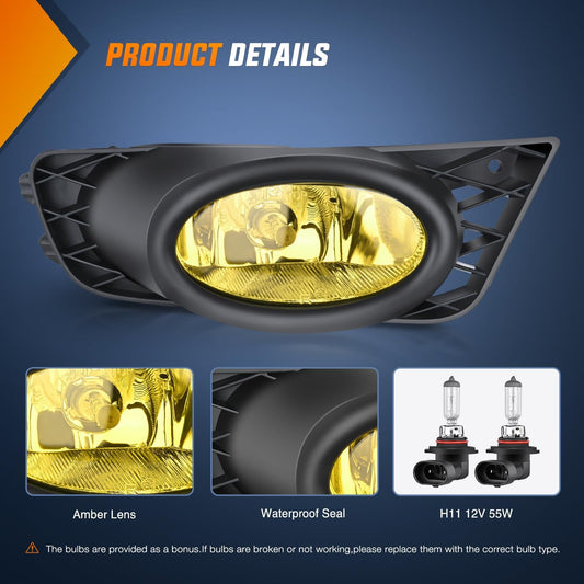 Fog Light Assembly Fog Light Assembly For 2009 2010 2011 Civic Sedan with Amber Lens Fog Lamps Replacement H11 12V 55W Bulbs