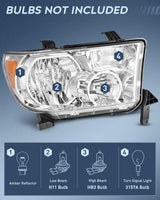 2007-2013 Toyota Tundra 2008-2017 Sequoia Headlight Assembly Chrome Housing Amber Reflector Clear Lens Nilight