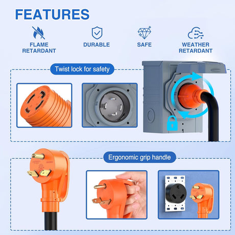 RV Generator Adapter Cord NEMA TT-30P to L14-30R 30 Amp 3 to 4 Prong Generator Transfer Switch Adapter Twist Lock Female Plug Pure Copper Heavy Duty STW 10 AWG ETL Listed