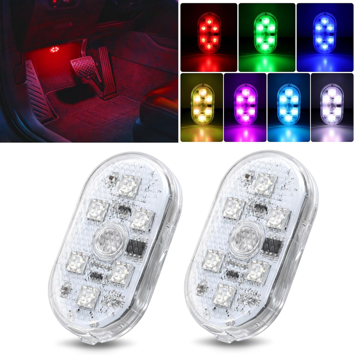 2 PCS 7 Colors Wireless Magnetic RGB LED Interior Lights | USB Rechargeable Universal Mini Sticky Footwell Ambient Atmosphere Reading Lamp with Touch Sensor, Portable Night Lighting