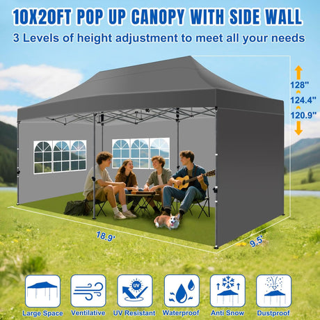 10x20 Pop Up Canopy Tent with Sidewalls Instant Outdoor Canopy, Waterproof & UV Protection, Easy Setup Adjustable Height Heavy Duty Shelter Gazebo Tent for Patio Backyard Party Events, Gray