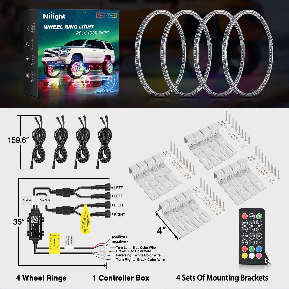 4PCS 17.5inch Double Row Wheel Ring Lights Dream Color with APP and Remote Control Neon Lights w/Turn Signal and Braking Function Dual Row for Car Van SUV Truck