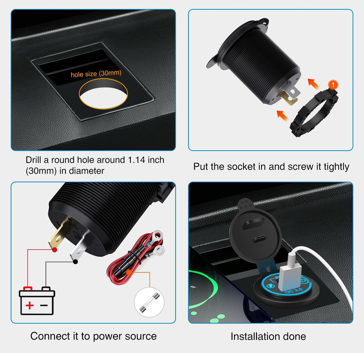 2 Pack PD Type C and QC 3.0 USB Fast Outlet Panel with LED ON Off Touch Switch Fused Wire Kit for 12V 24V Cars Trucks RVs Motorcycles Buses Boats