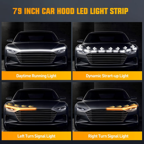 79-Inch LED Hood Strip, White Dynamic Startup DRL Sequential Amber Turn Signal, Waterproof for Cars, SUVs & Trucks