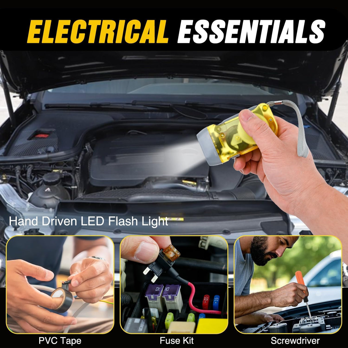 Car Emergency Kit with Jumper Cable Air Compressor Tire Repair Essential Tools First Aid Alligator Connector Electrical Kit for Travel Camping Outdoor Cars Truck SUV RV