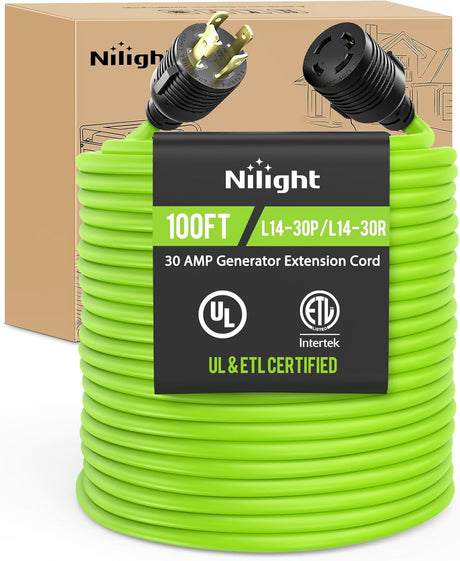 100FT 30Amp Generator Extension Cord 125V Heavy Duty 10/3 Gauge Pure Copper STW Wire UL ETL Listed 4 Prong L14-30P L14-30R Weatherproof Suit for Camper Outdoor Use Bright Green