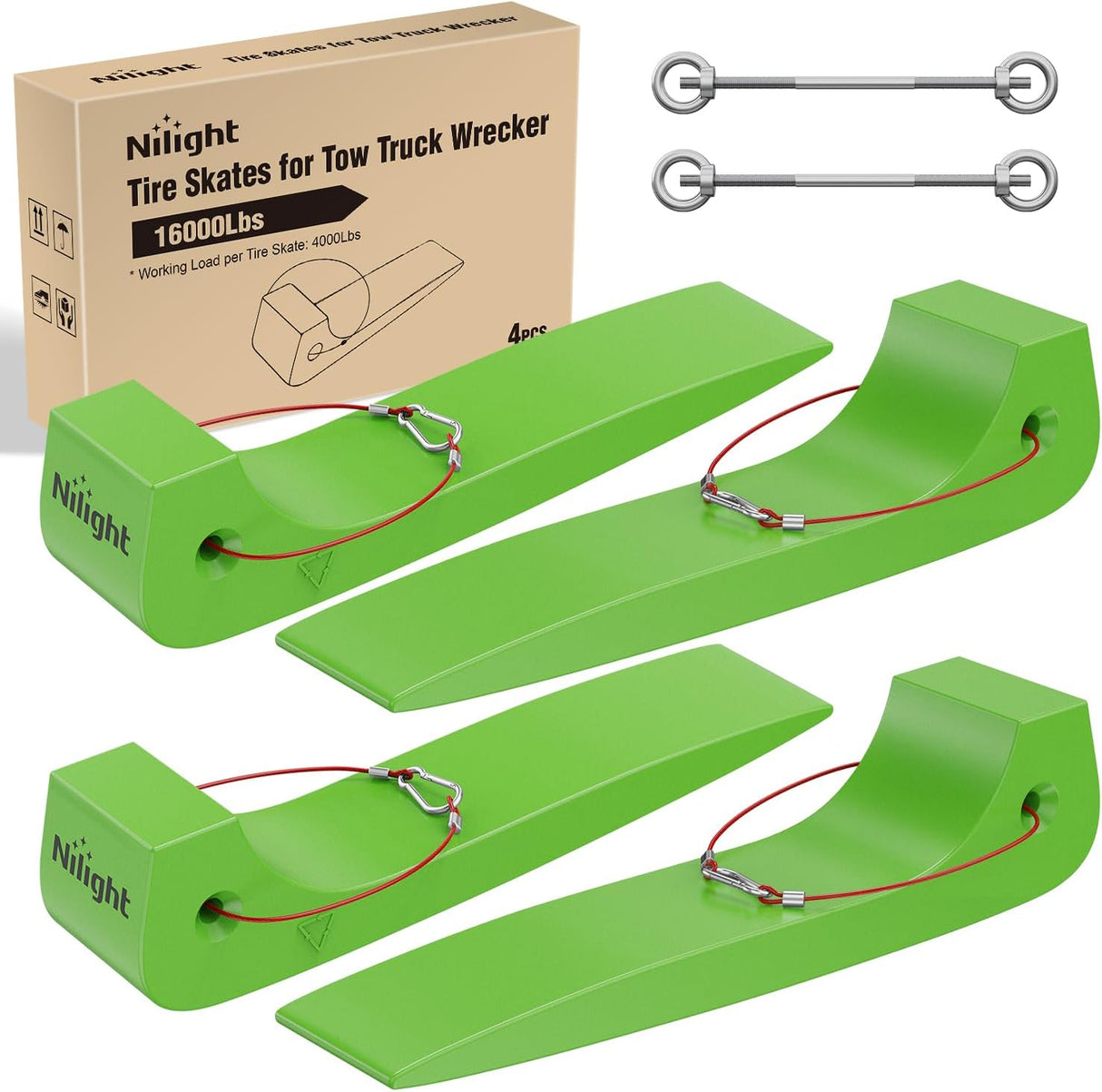 Combinable Tire Skates 4Pack – Rollback Tow Truck & Flatbed Carrier Accessories, Low Friction Skids for Locked Wheel Towing & Disabled Vehicle Recovery, 4000 lbs, Green
